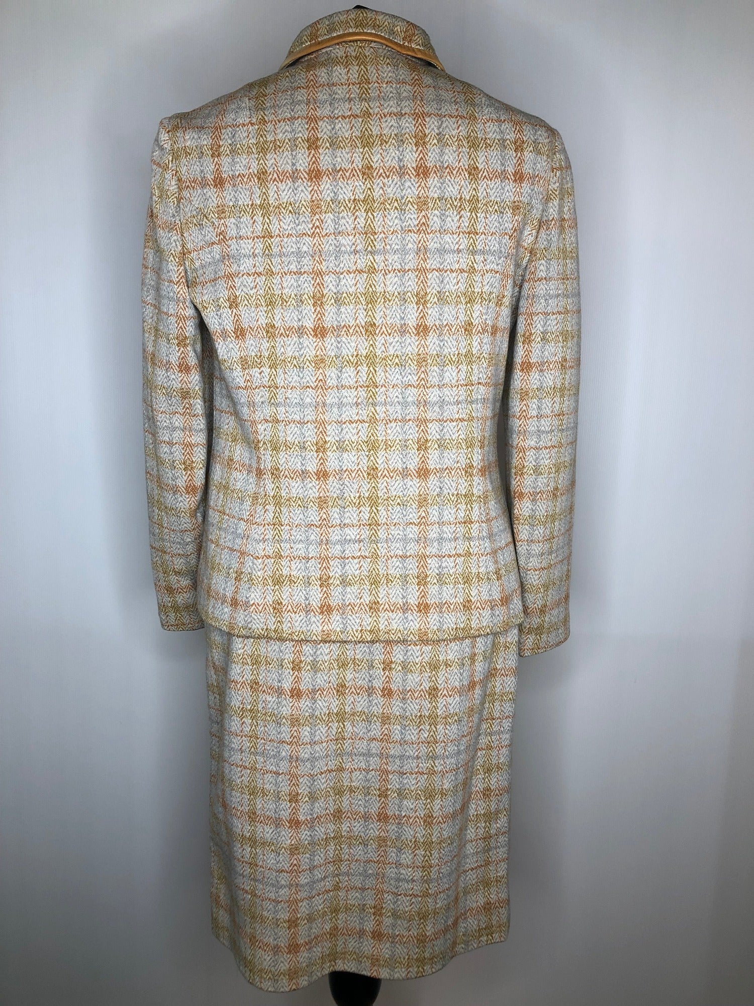 womens jacket  womens coat  womens  vintage  Urban Village Vintage  urban village  Skirts  skirt  Saint Joseph  pockets  pencil skirt  MOD  Jacket  grey  faux leather trim  decorative pocket  check  brown  blazer jacket  Blazer  60s  1960s  10