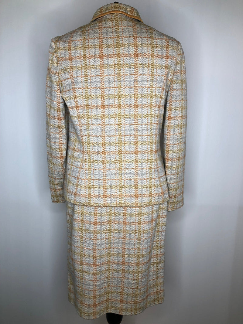 womens jacket  womens coat  womens  vintage  Urban Village Vintage  urban village  Skirts  skirt  Saint Joseph  pockets  pencil skirt  MOD  Jacket  grey  faux leather trim  decorative pocket  check  brown  blazer jacket  Blazer  60s  1960s  10