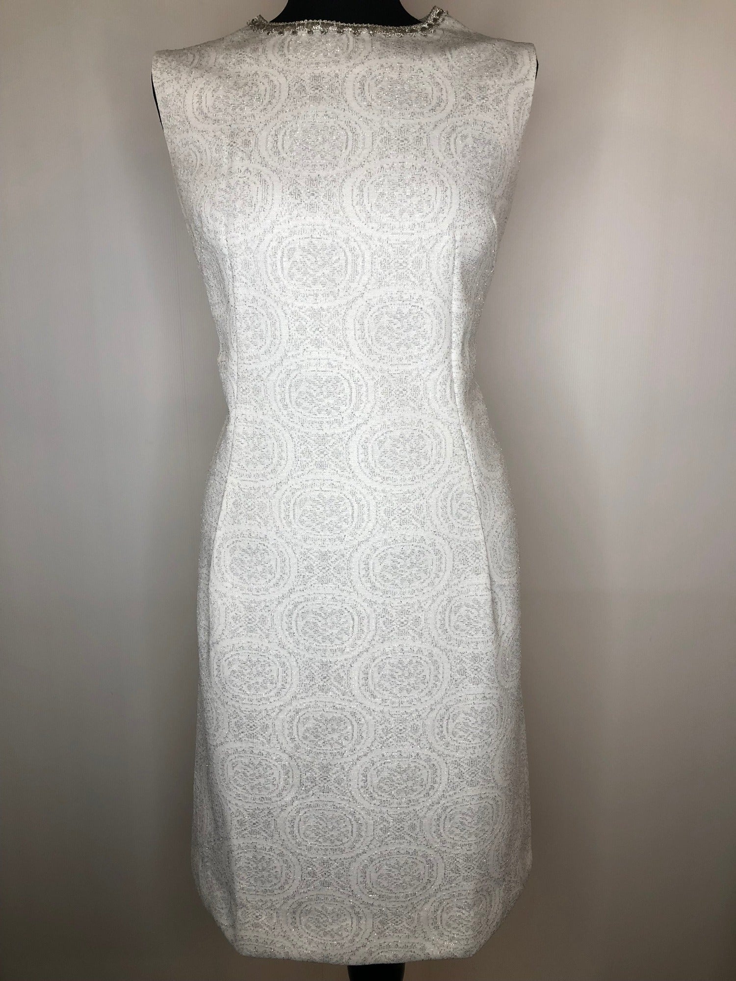 16  womens  white  vintage  Urban Village Vintage  tight fit  Spinney  silver  retro  MOD  metallic  lurex  dress  deadstock  60s  1960s