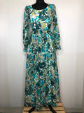 womens  waist belt  vintage  Urban Village Vintage  Tina Warren  print dress  print  multi  maxi dress  long sleeve  green  frill sleeve  dress  button front  blue  70s  1970s  10