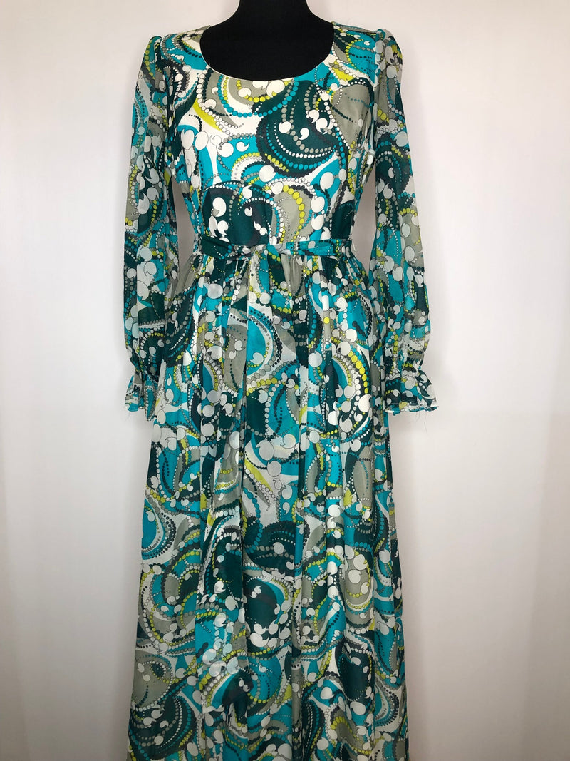 womens  waist belt  vintage  Urban Village Vintage  Tina Warren  print dress  print  multi  maxi dress  long sleeve  green  frill sleeve  dress  button front  blue  70s  1970s  10