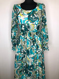 womens  waist belt  vintage  Urban Village Vintage  Tina Warren  print dress  print  multi  maxi dress  long sleeve  green  frill sleeve  dress  button front  blue  70s  1970s  10