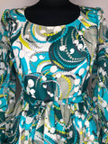 womens  waist belt  vintage  Urban Village Vintage  Tina Warren  print dress  print  multi  maxi dress  long sleeve  green  frill sleeve  dress  button front  blue  70s  1970s  10
