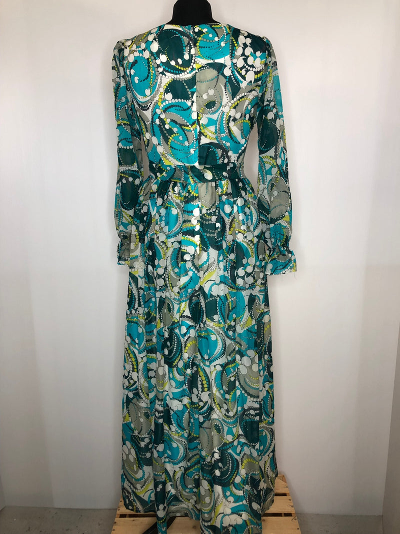 womens  waist belt  vintage  Urban Village Vintage  Tina Warren  print dress  print  multi  maxi dress  long sleeve  green  frill sleeve  dress  button front  blue  70s  1970s  10