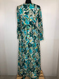 womens  waist belt  vintage  Urban Village Vintage  Tina Warren  print dress  print  multi  maxi dress  long sleeve  green  frill sleeve  dress  button front  blue  70s  1970s  10
