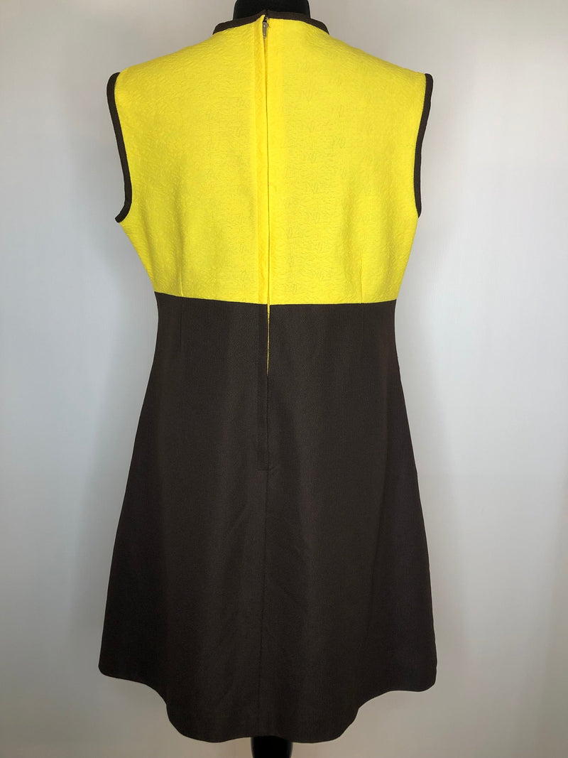 Yellow  womens  vintage  retro  pussy bow  MOD  knee length dress  knee length  dress  decorative button front  60s  1960s  14