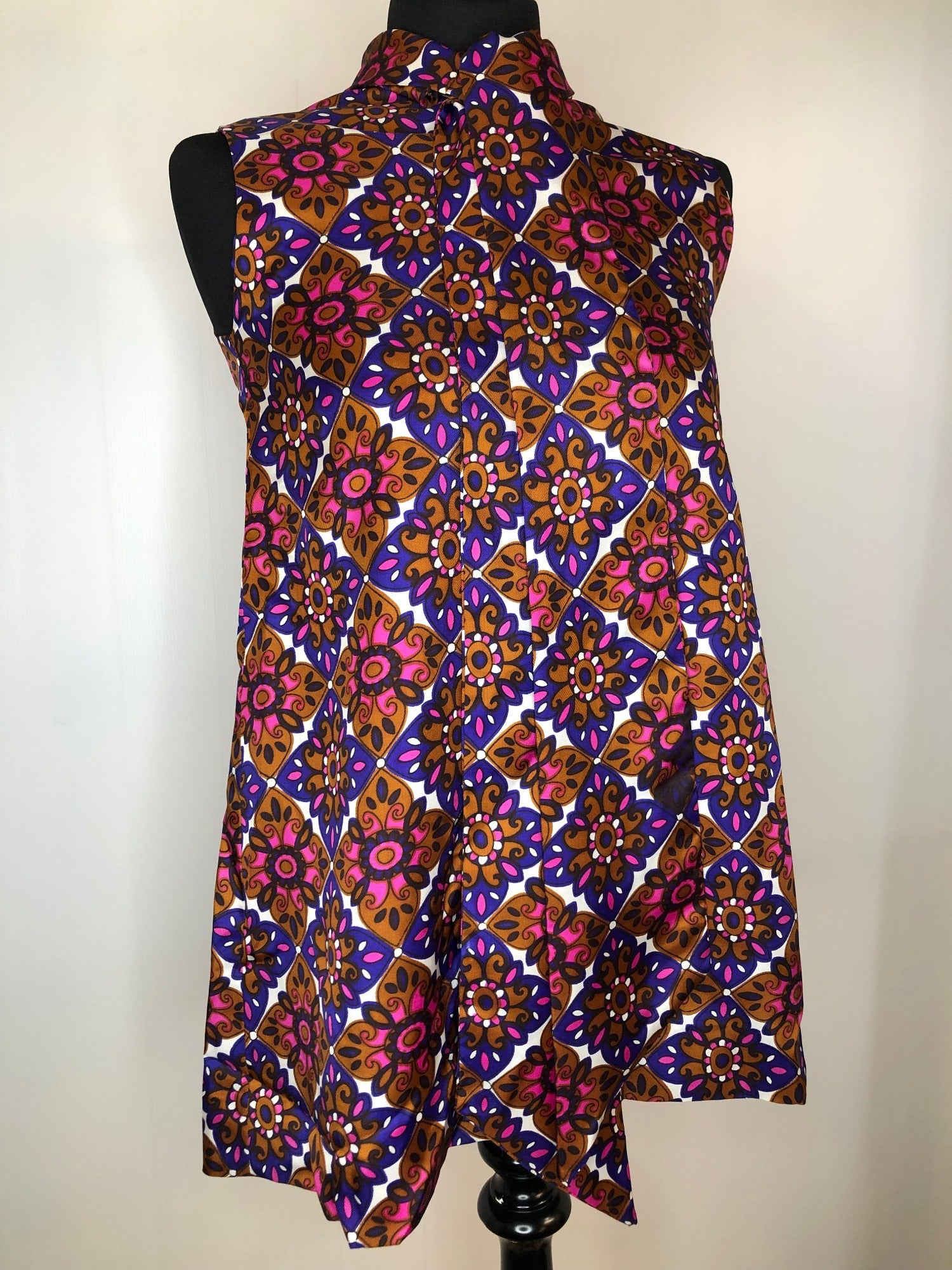 womens  vintage  top  sleeveless  retro  pussy bow  print top  Pink  multi  MOD  high neck  floral print  ethnic print  ethnic  dress  Clive Rodney  brown  Blue  60s  6  1960s