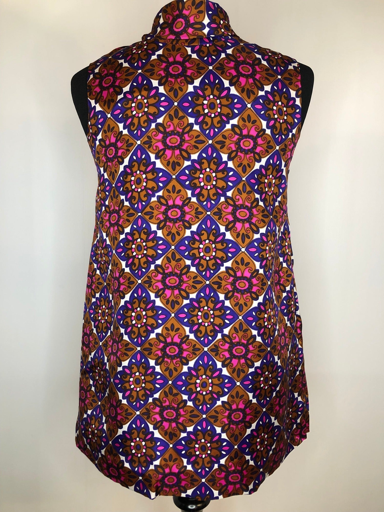 womens  vintage  top  sleeveless  retro  pussy bow  print top  Pink  multi  MOD  high neck  floral print  ethnic print  ethnic  dress  Clive Rodney  brown  Blue  60s  6  1960s