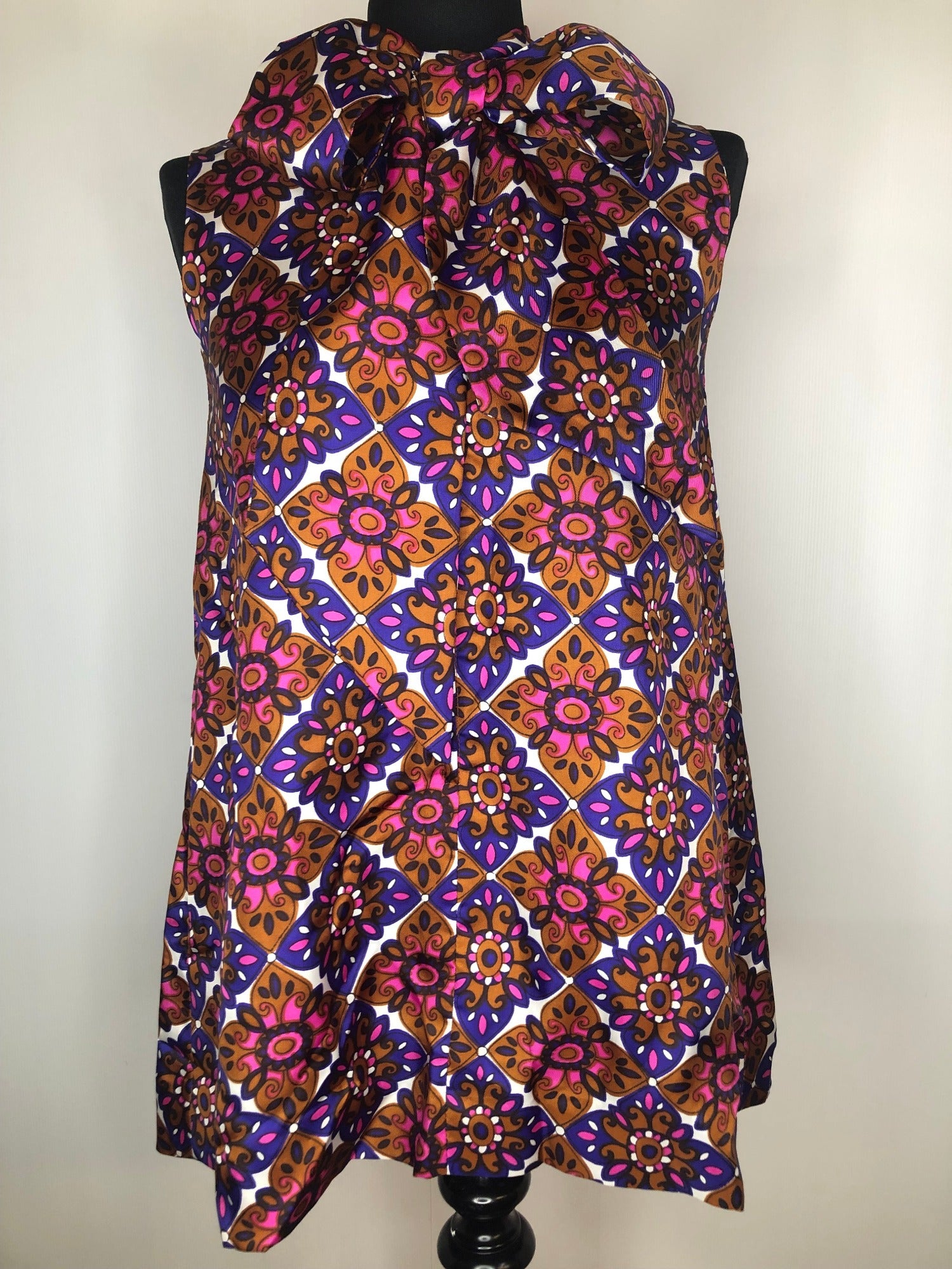 womens  vintage  top  sleeveless  retro  pussy bow  print top  Pink  multi  MOD  high neck  floral print  ethnic print  ethnic  dress  Clive Rodney  brown  Blue  60s  6  1960s