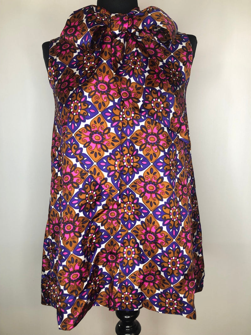 womens  vintage  top  sleeveless  retro  pussy bow  print top  Pink  multi  MOD  high neck  floral print  ethnic print  ethnic  dress  Clive Rodney  brown  Blue  60s  6  1960s