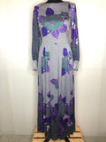 womens  white  vintage  Urban Village Vintage  Stripes  purple  print dress  print  pleat detailing  maxi dress  long sleeve  floral print  dress  Berketex  balloon sleeves  balloon sleeve  8  70s  1970s