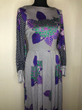 womens  white  vintage  Urban Village Vintage  Stripes  purple  print dress  print  pleat detailing  maxi dress  long sleeve  floral print  dress  Berketex  balloon sleeves  balloon sleeve  8  70s  1970s