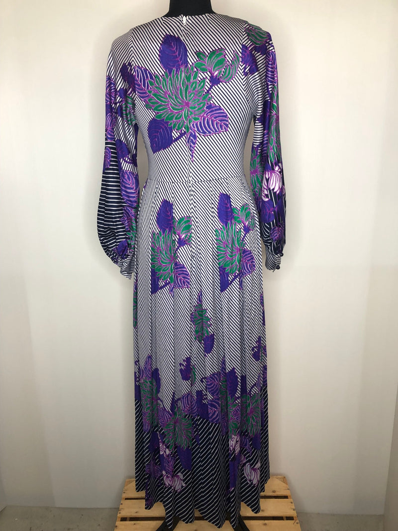 womens  white  vintage  Urban Village Vintage  Stripes  purple  print dress  print  pleat detailing  maxi dress  long sleeve  floral print  dress  Berketex  balloon sleeves  balloon sleeve  8  70s  1970s