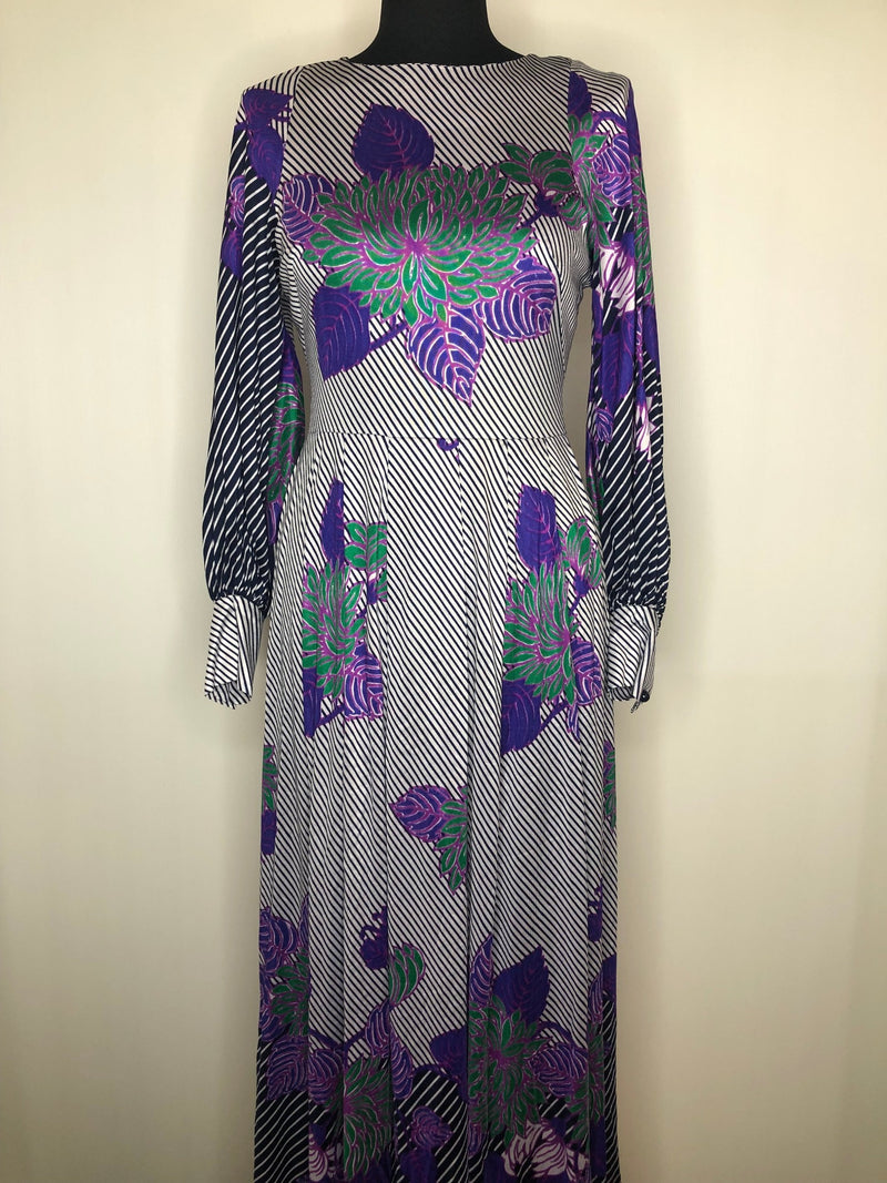 womens  white  vintage  Urban Village Vintage  Stripes  purple  print dress  print  pleat detailing  maxi dress  long sleeve  floral print  dress  Berketex  balloon sleeves  balloon sleeve  8  70s  1970s