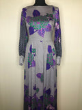 womens  white  vintage  Urban Village Vintage  Stripes  purple  print dress  print  pleat detailing  maxi dress  long sleeve  floral print  dress  Berketex  balloon sleeves  balloon sleeve  8  70s  1970s