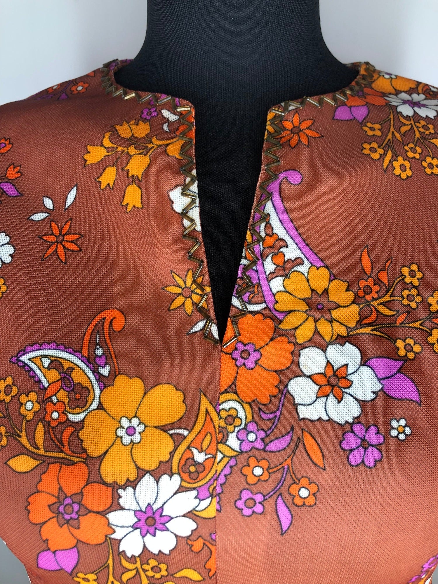 womens  vintage  Urban Village Vintage  sleeveless  print dress  print  maxi dress  floral print  embellishment  dress  brown  beading detail  beading  70s  1970s  10