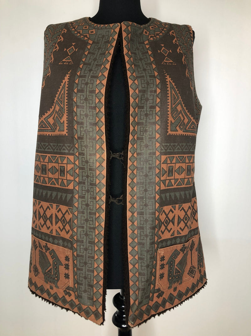 womens  waistcoat  vintage  vest  tribal  Suede Jacket  Peruvian print  mexican  Jacket  green  gilet  faux sheepskin  brown  aztec print  aztec  70s  70  1970s  10