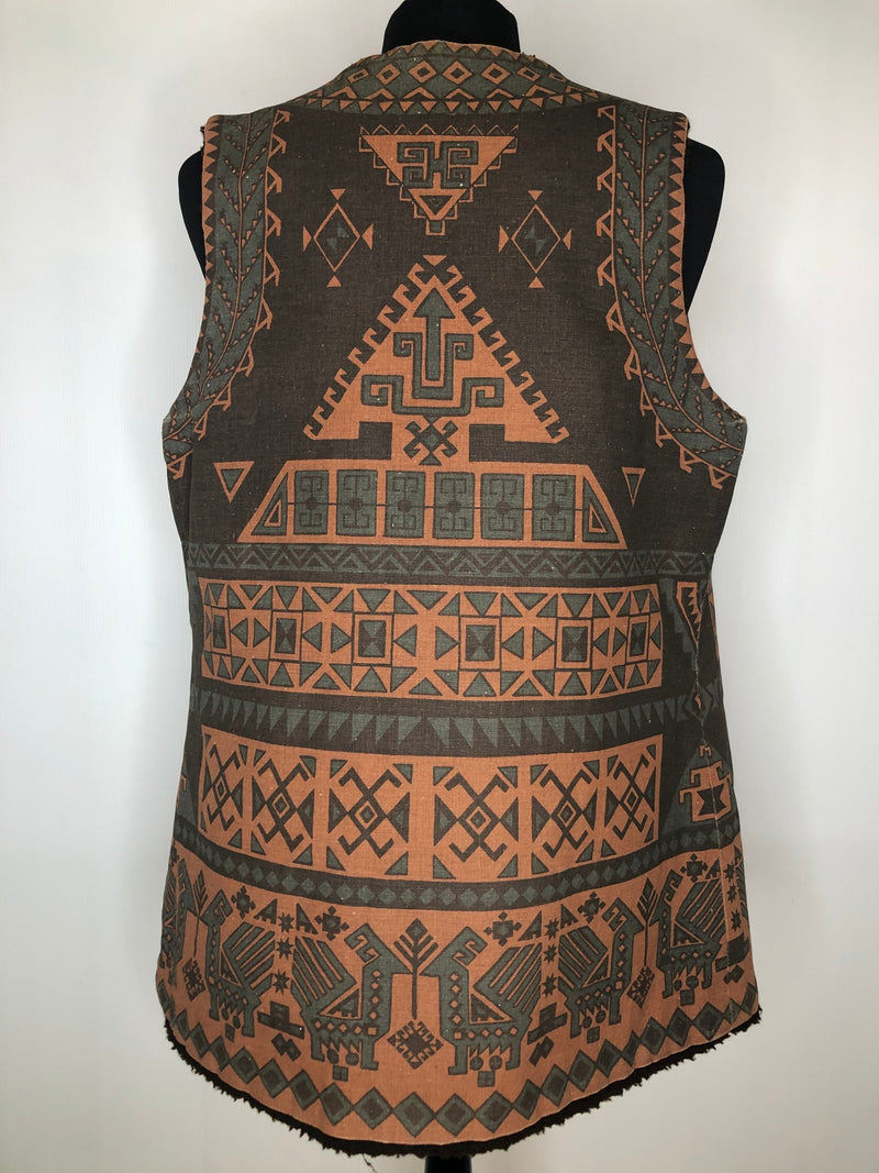 womens  waistcoat  vintage  vest  tribal  Suede Jacket  Peruvian print  mexican  Jacket  green  gilet  faux sheepskin  brown  aztec print  aztec  70s  70  1970s  10