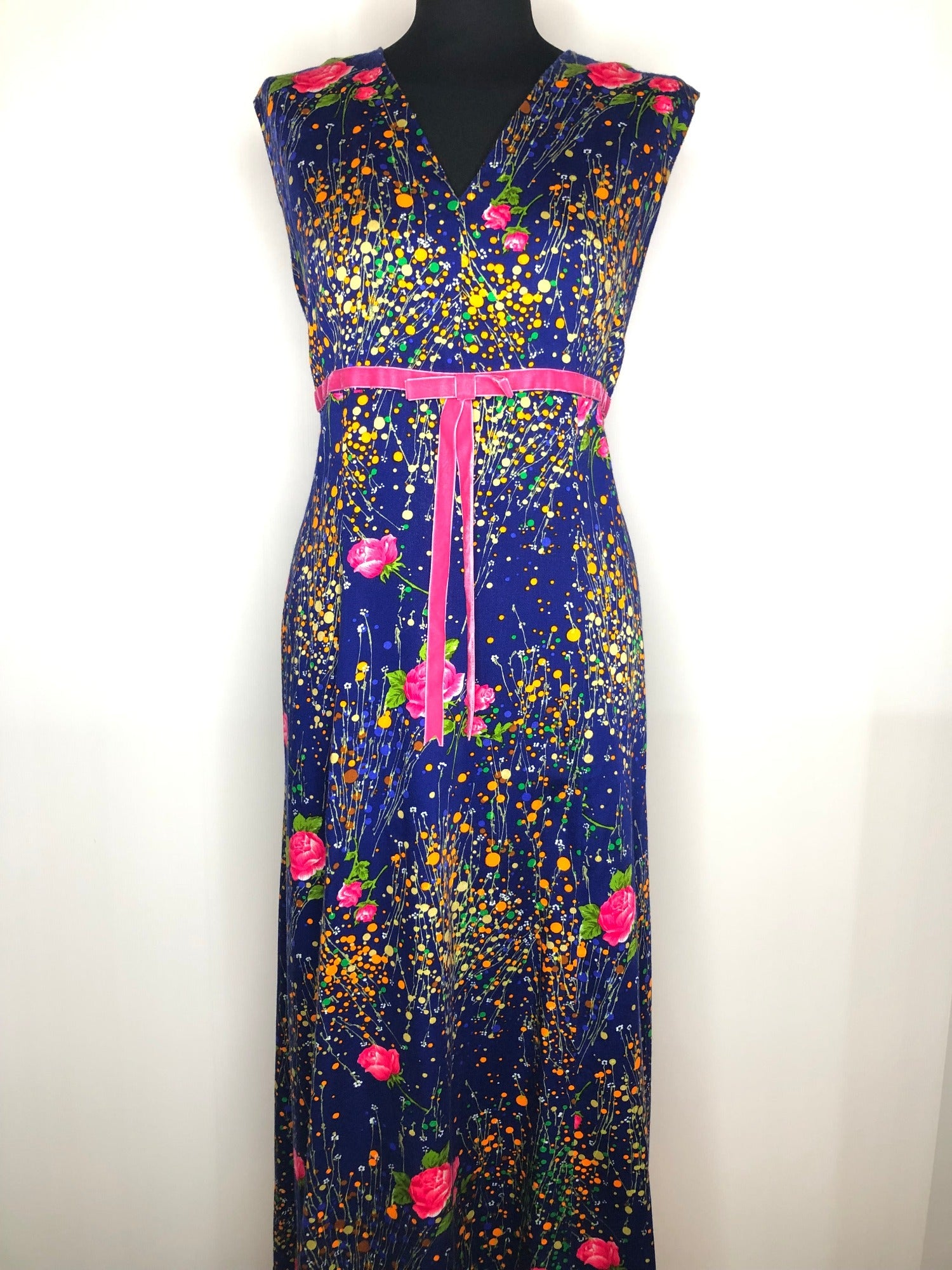 womens  waist detail  vintage  velvet bow detail  rose print  print dress  multi  maxi dress  dress  blue  70s  1970s  16
