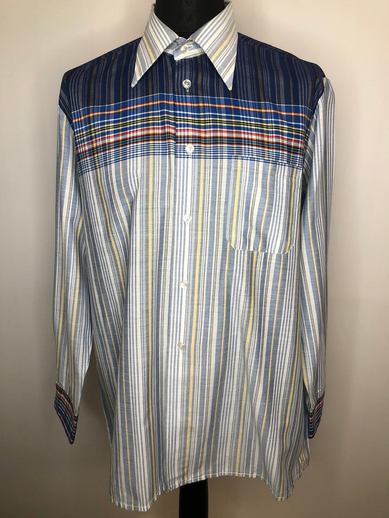 XL  vintage  Urban Village Vintage  urban village  stripe shirt  stripe  Shirt  Printed T-Shirt  printed shirt  printed  print  multicoloured  multi  Mens Shirts  mens  long sleeves  Long sleeved top  long sleeve  dagger collar  check  button  Burgstyle  Blue  70s  1970s