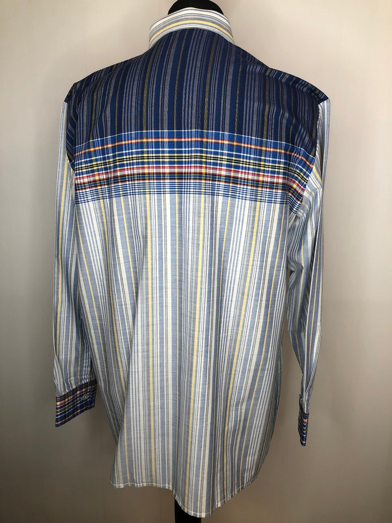 XL  vintage  Urban Village Vintage  urban village  stripe shirt  stripe  Shirt  Printed T-Shirt  printed shirt  printed  print  multicoloured  multi  Mens Shirts  mens  long sleeves  Long sleeved top  long sleeve  dagger collar  check  button  Burgstyle  Blue  70s  1970s