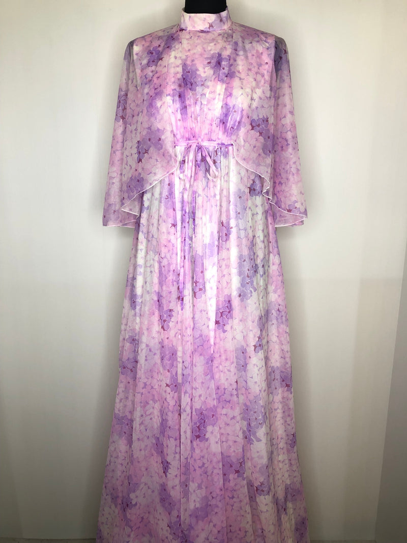 womens  vintage  retro  pink  maxi dress  long sleeve  high neck  full length  floral print  floral  floaty  dress  angel sleeve  angel  70s  1970s  10