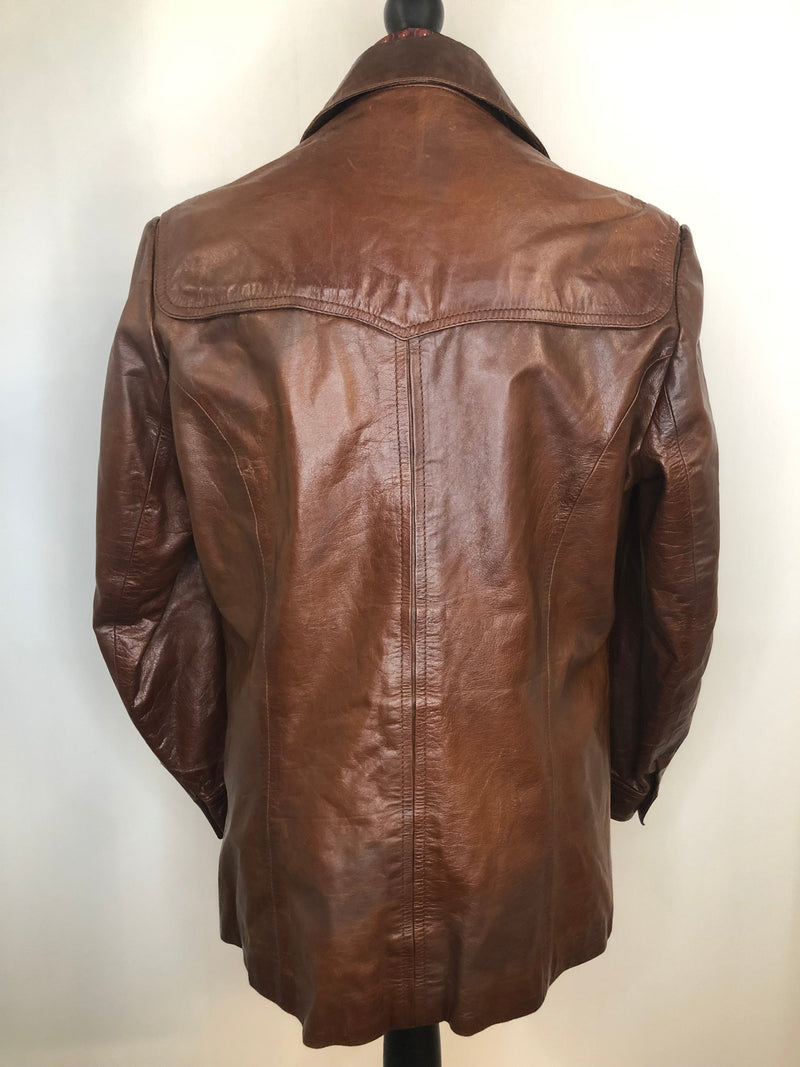 vintage  Urban Village Vintage  urban village  Rounded collar  pockets  mens  long sleeve  Leather Jacket  Leather  large rounded collar  L  front pockets  chest pockets  button cuffs  brown leather  brown  70s  1970s