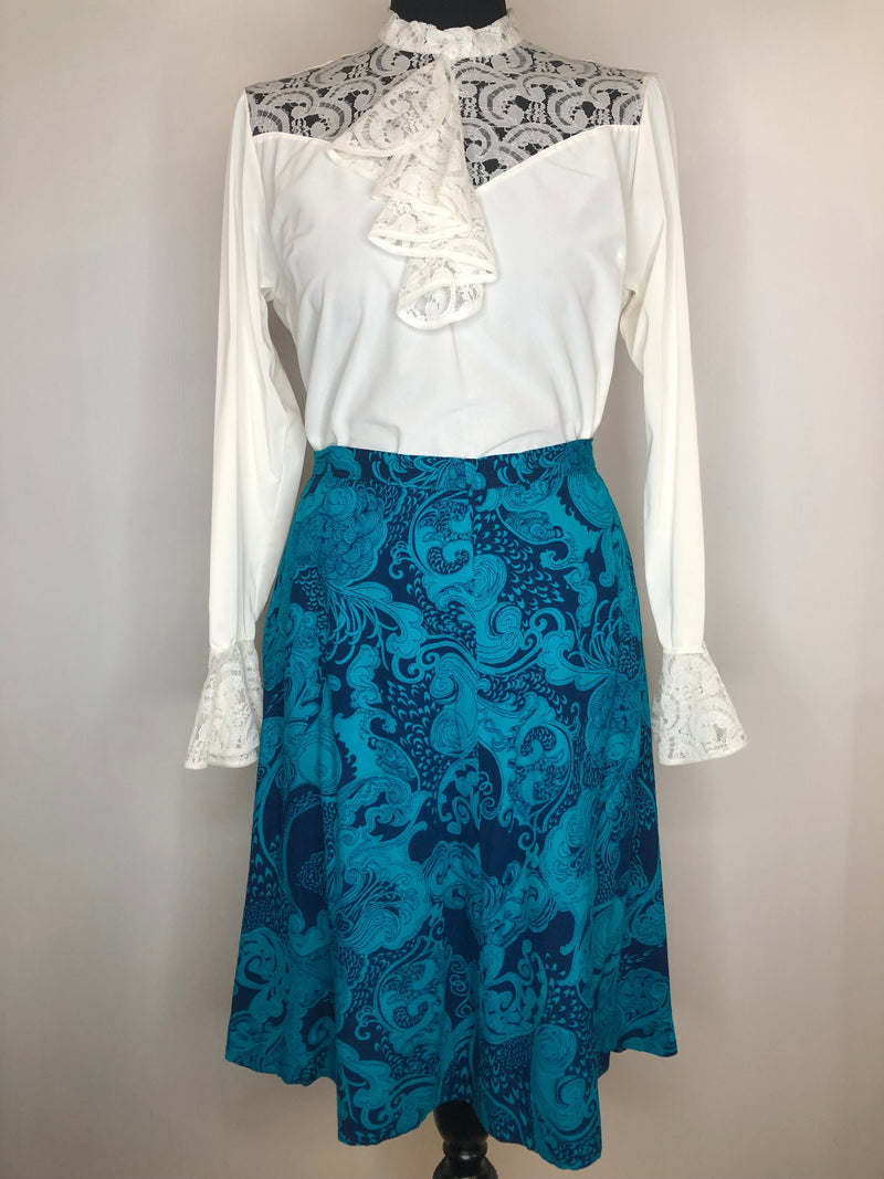 zip  womens  vintage  Urban Village Vintage  urban village  summer skirt  summer  Skirts  skirt  psychedelic  psych  print  patterned  knee length  hippy  hippie  boho  bohemian  blue  A-Line  8  70s  1970s