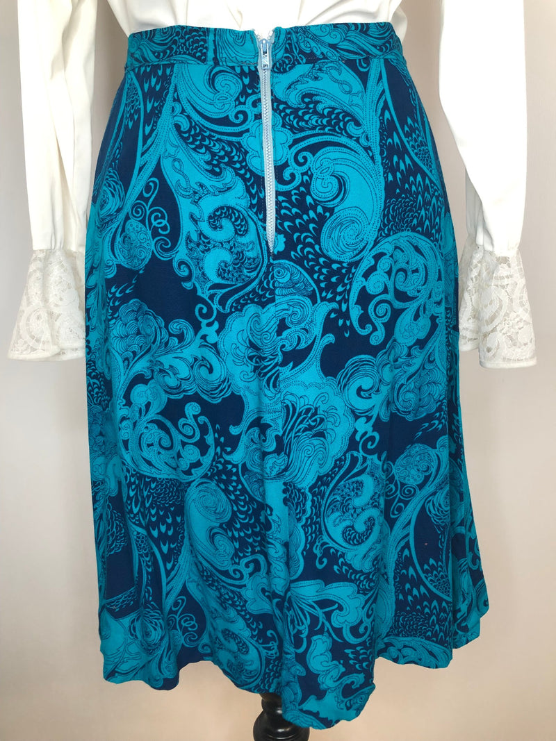 zip  womens  vintage  Urban Village Vintage  urban village  summer skirt  summer  Skirts  skirt  psychedelic  psych  print  patterned  knee length  hippy  hippie  boho  bohemian  blue  A-Line  8  70s  1970s