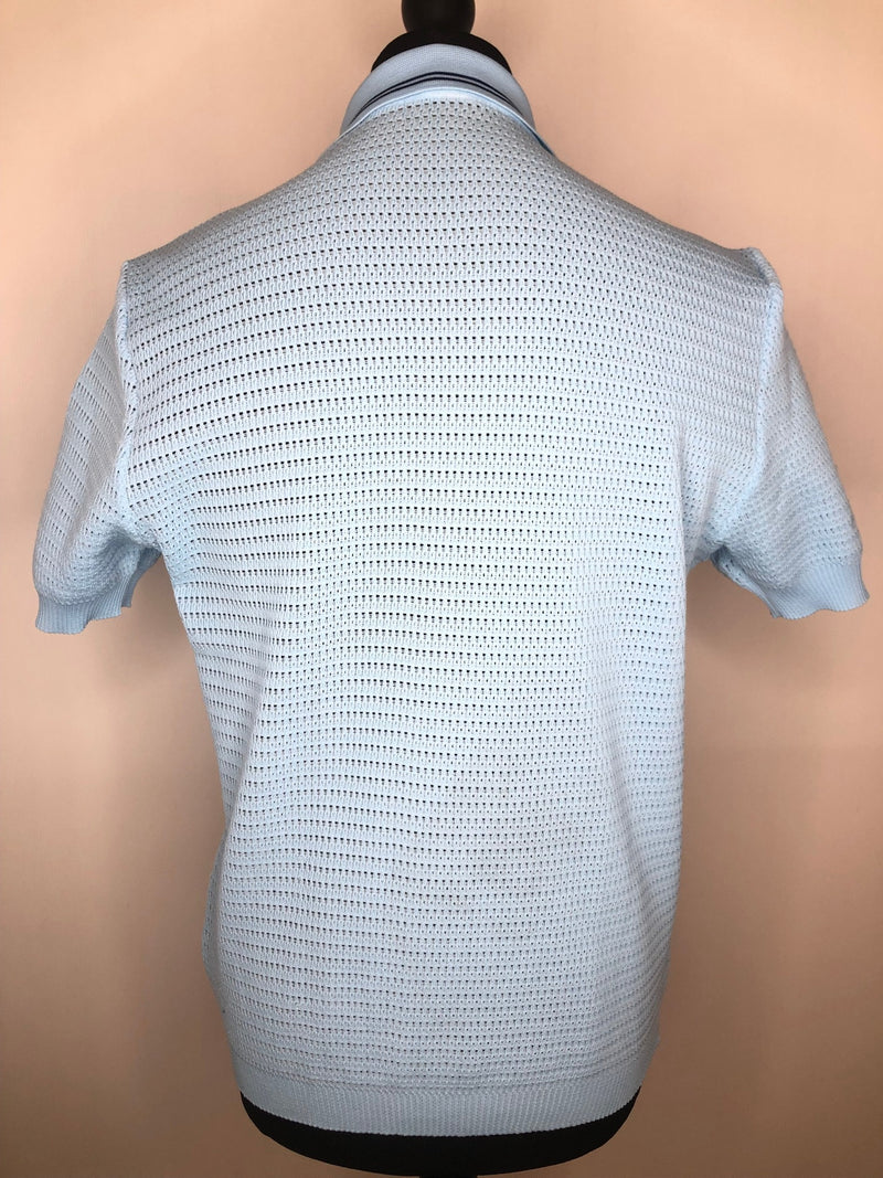 vintage  urban village  top  Three Button  tee  summer top  summer  polo top  polo neck  MOD  mens  Lightweight Knit  Light Blue  L  knitwear  knitted  knit  fine knit  elasticated  double stripe  chest pocket  blue stripes  blue stripe  Blue  60s  1960s