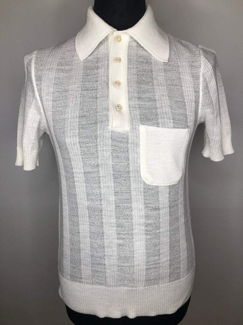 white  vintage  urban village  top  tee  summer top  summer  S  polo top  polo neck  MOD  mens  Lightweight Knit  knitwear  knitted  knit  four button  fine knit  elasticated  Diolen Linen  chest pocket  60s  1960s
