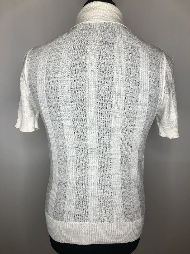 white  vintage  urban village  top  tee  summer top  summer  S  polo top  polo neck  MOD  mens  Lightweight Knit  knitwear  knitted  knit  four button  fine knit  elasticated  Diolen Linen  chest pocket  60s  1960s