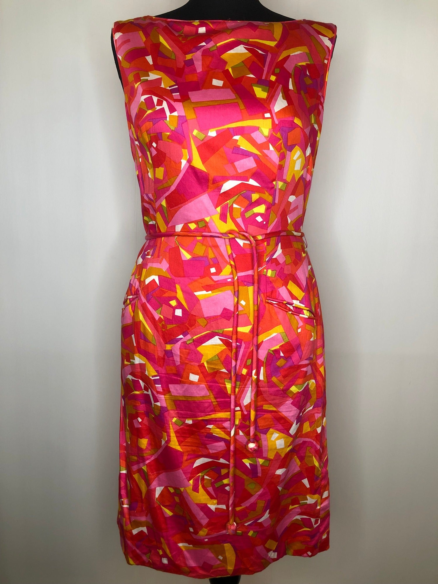 womens  vintage  sleevless  retro  pockets  pink  orange  multi  MOD  midi dress  midi  Dynasty  dress  back zip  A Line  60s  1960s  10