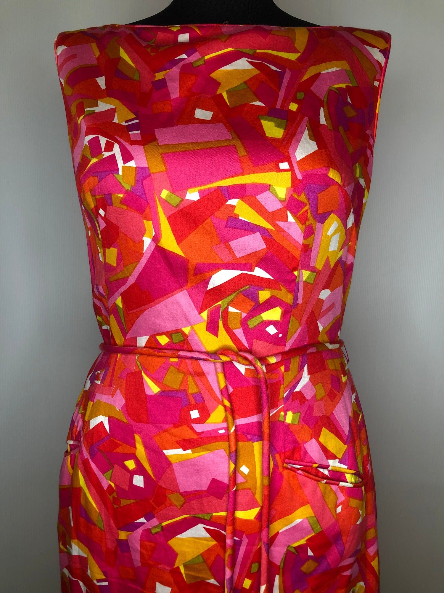 womens  vintage  sleevless  retro  pockets  pink  orange  multi  MOD  midi dress  midi  Dynasty  dress  back zip  A Line  60s  1960s  10