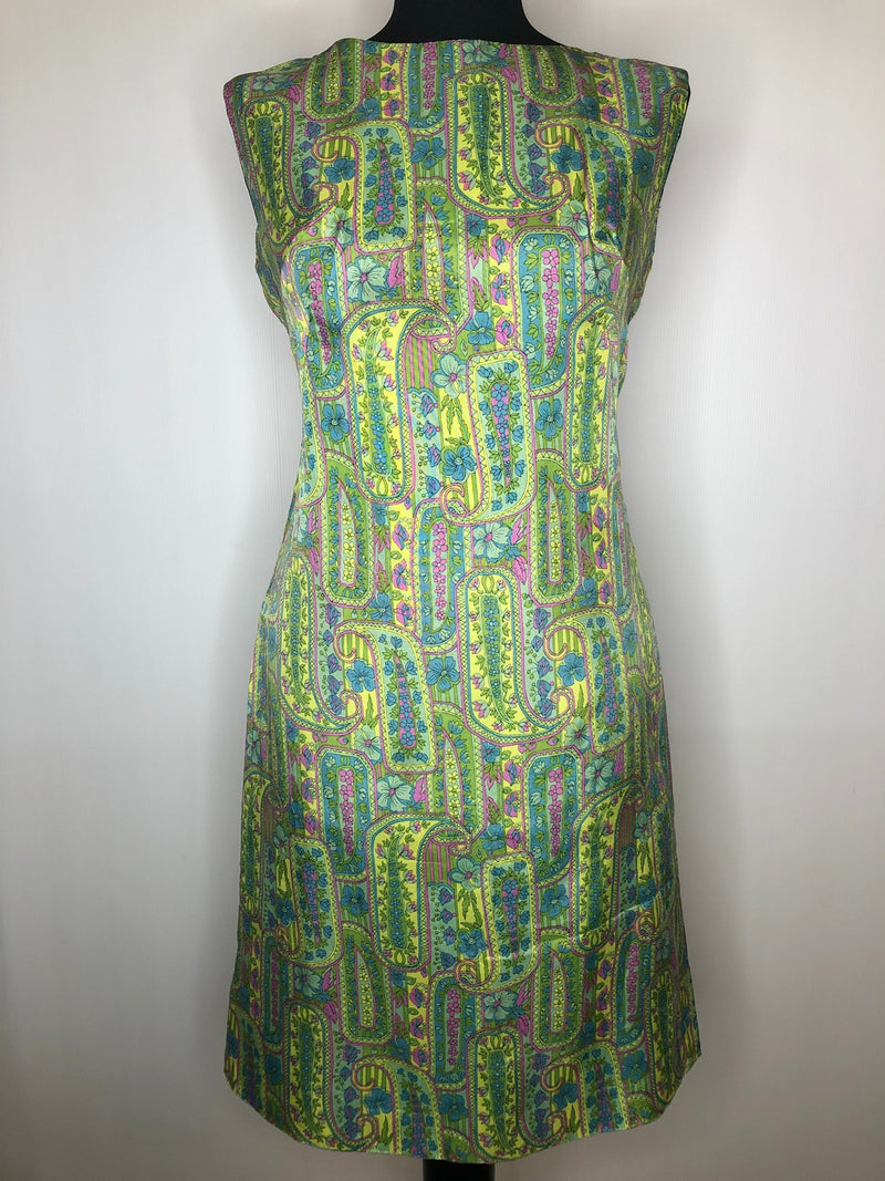 womens  vintage  summer dress  summer  sleeveless  multi  MOD  knee length dress  knee length  Green  floral print  floral dress  floral  dress  60s  1960s  12