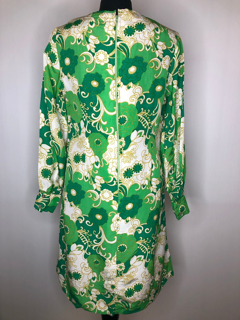 womens  white  vintage  retro  psychedelic  psych  MOD  long sleeved  knee length dress  knee length  green  floral print  floral dress  floral  dress  balloon sleeve  60s  1960s
