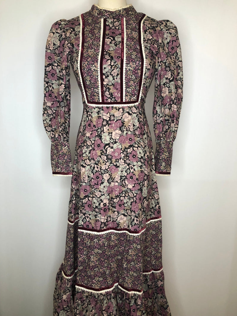 womens  vintage  victoriana  Victorian style  Victorian  velvet trim  Urban Village Vintage  urban village  retro  purple  maxi dress  long sleeves  long sleeve  long dress  hippie  high neck  floral dress  dress  crochet trim  collar  boho  balloon sleeves  balloon sleeve  70s  70  4  1970s