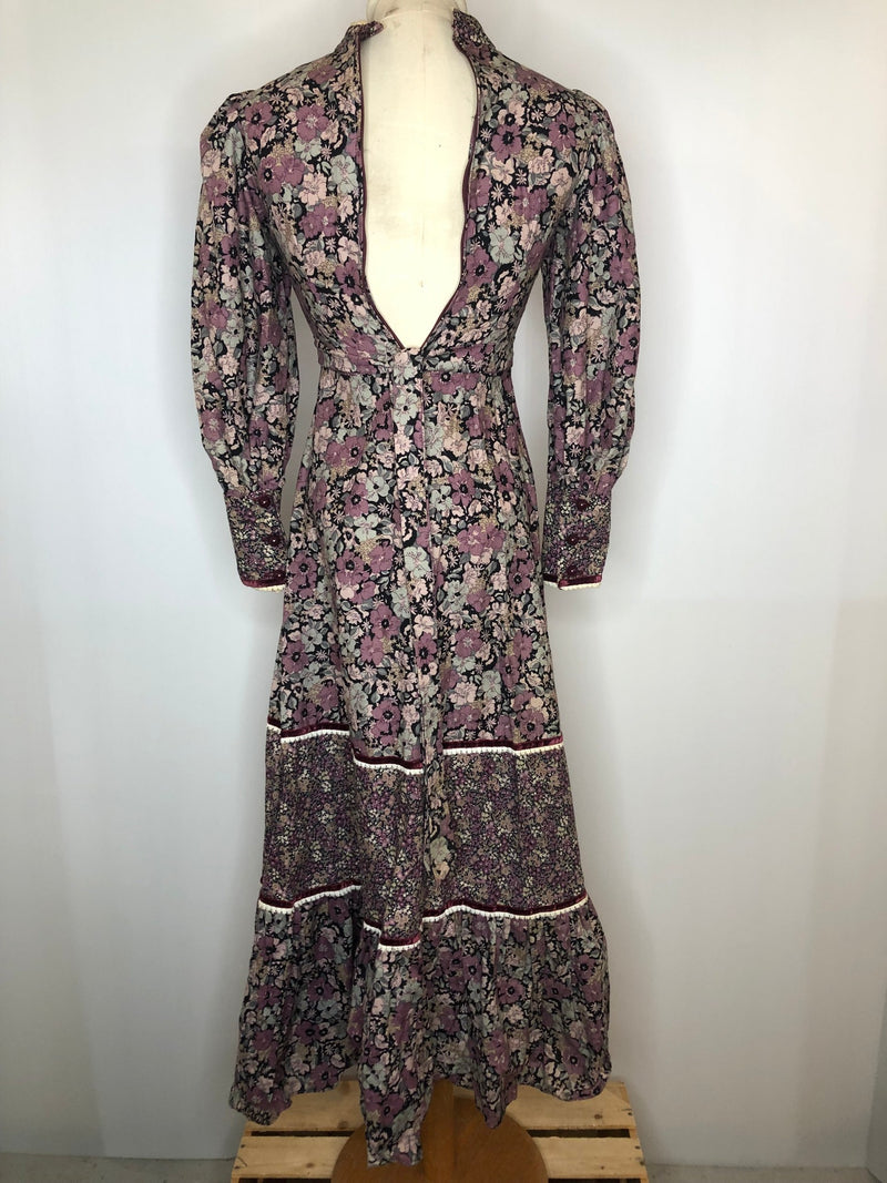 womens  vintage  victoriana  Victorian style  Victorian  velvet trim  Urban Village Vintage  urban village  retro  purple  maxi dress  long sleeves  long sleeve  long dress  hippie  high neck  floral dress  dress  crochet trim  collar  boho  balloon sleeves  balloon sleeve  70s  70  4  1970s