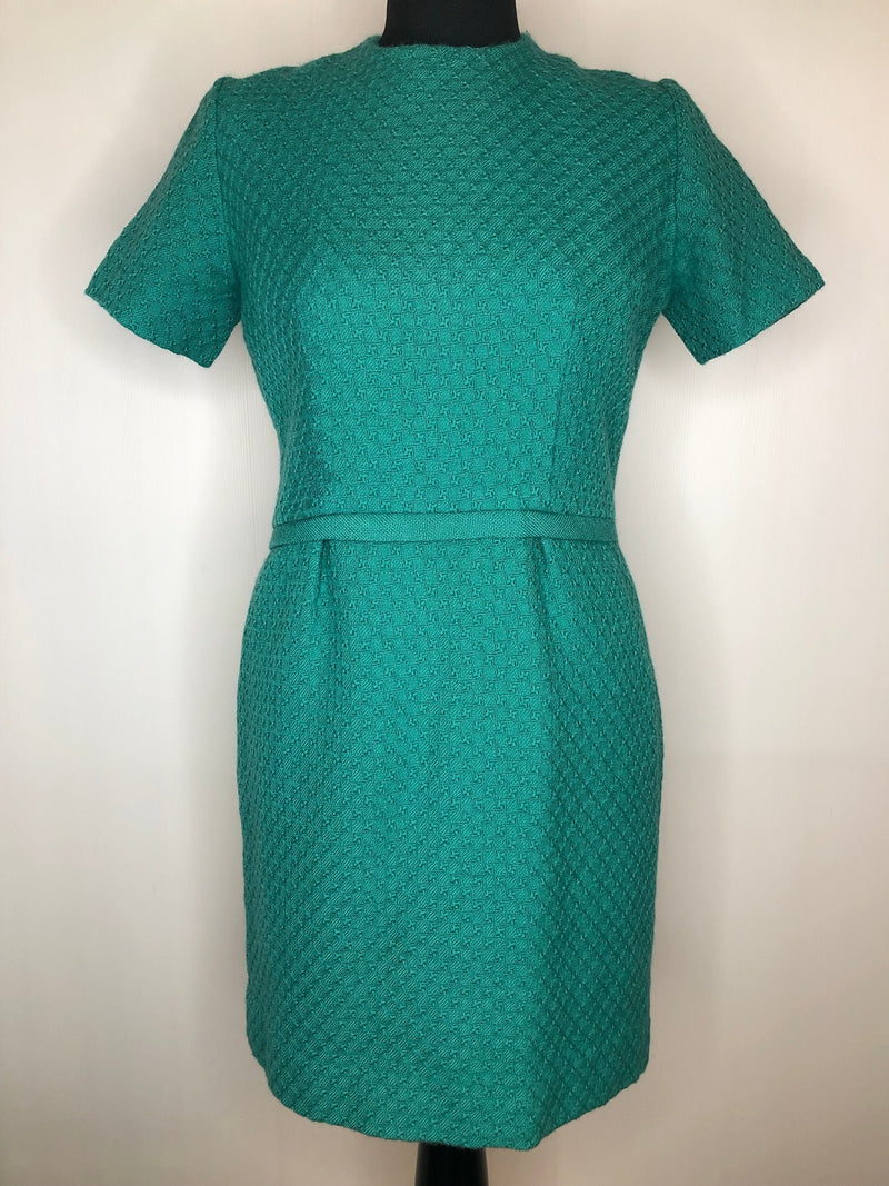 woven fabric  wool  womens  vintage  Turquoise  short sleeve  retro  MOD  knee length dress  knee length  green  dress  blue  60s  1960s  10
