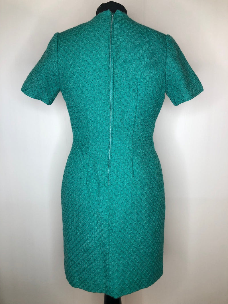 woven fabric  wool  womens  vintage  Turquoise  short sleeve  retro  MOD  knee length dress  knee length  green  dress  blue  60s  1960s  10