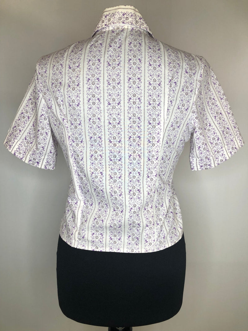 womens  vintage  Urban Village Vintage  top  summer blouse  purple print  purple  Janet  dagger collar  cropped  button front  blouse  70s  70  1970s  10
