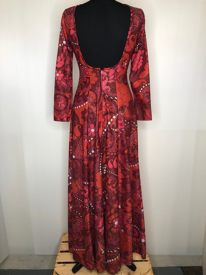 womens  vintage  Urban Village Vintage  urban village  summer dress  shimmer  scoop back  psychedelic  psych  pink shimmer  pink  metallic  maxi dress  maxi  lurex fabric  lurex  long sleeves  long sleeve  long dress  floral print  dress  backless  70s  70  1970s  10