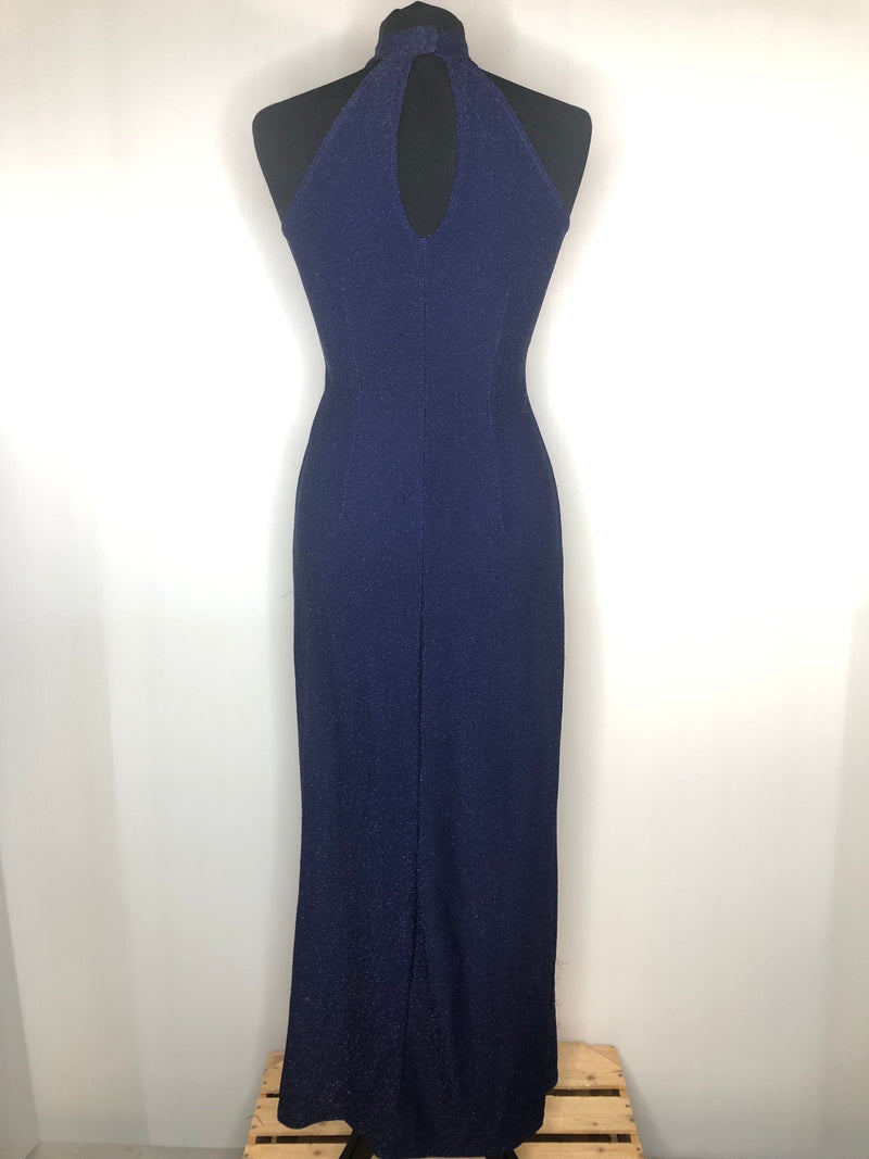 womens  vintage  Urban Village Vintage  urban village  studio 54  party dress  party  new year  metallic  maxi dress  lurex  long length dress  halter neck  halter  glittery  glitter  dress  disco dress  disco  christmas  button back neck  Blue  back zip  8  70s  1970s