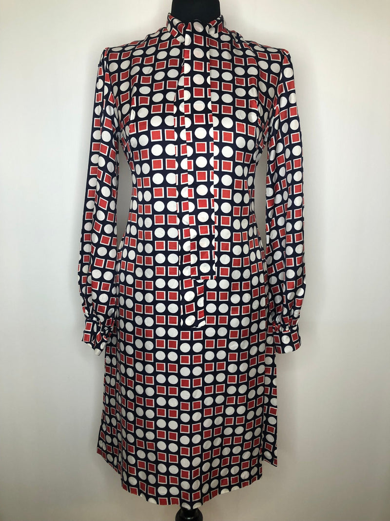 zip  womens  white  vintage  Urban Village Vintage  urban village  square print  red  multi  MOD  long sleeve  dress  circle print  Blue  balloon sleeves  balloon sleeve  balloon  back zip  60s  1960s