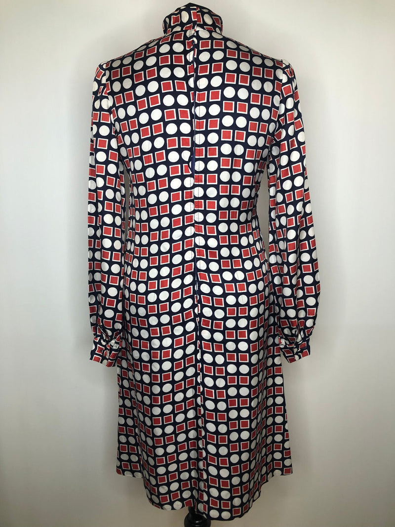 zip  womens  white  vintage  Urban Village Vintage  urban village  square print  red  multi  MOD  long sleeve  dress  circle print  Blue  balloon sleeves  balloon sleeve  balloon  back zip  60s  1960s
