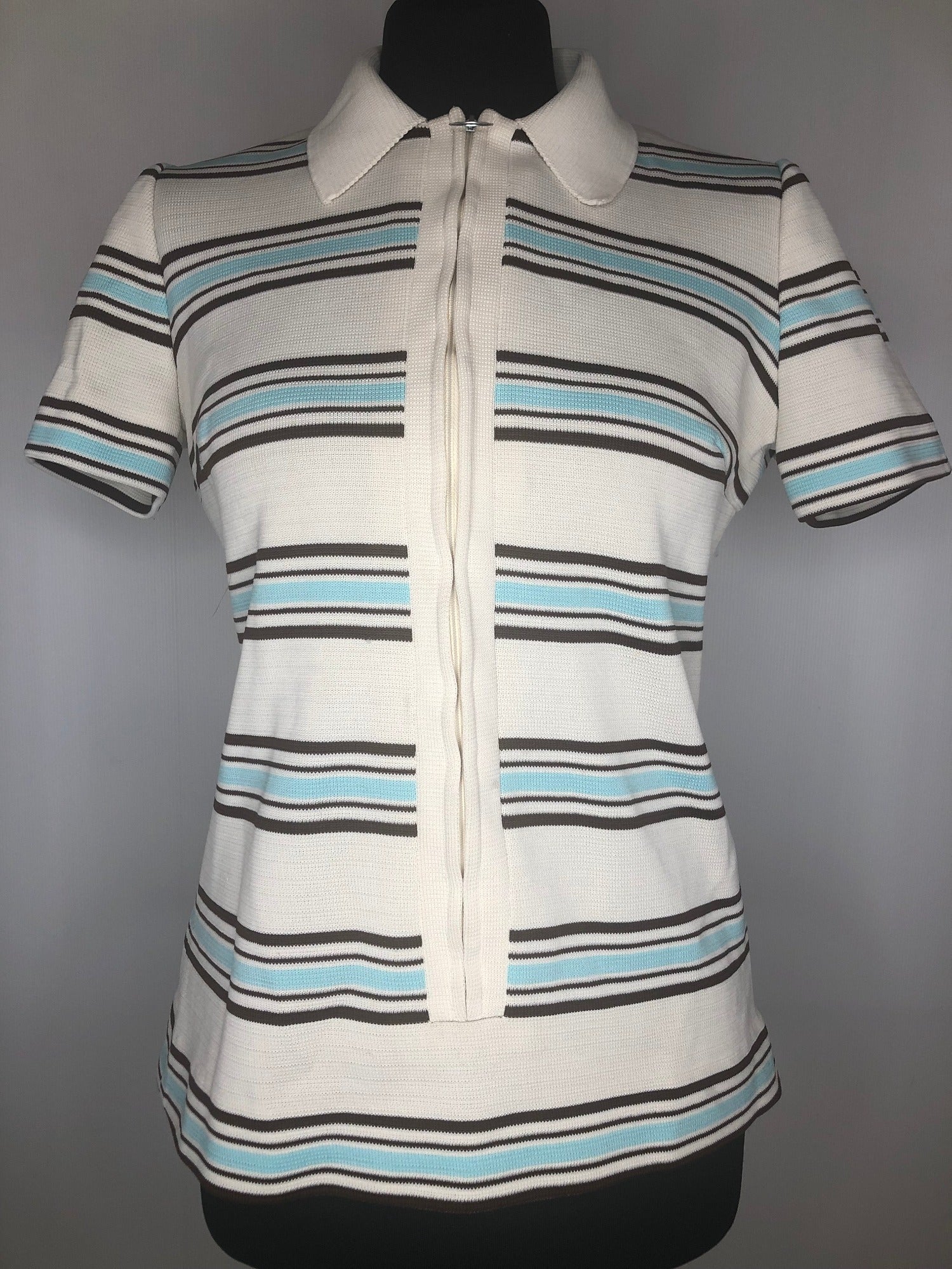 womens shirt  womens  white  vintage  Urban Village Vintage  urban village  summer blouse  stripes  Short sleeve  Shirt  multi  dagger collar  collared  collar  blouse  70s  1970s  12