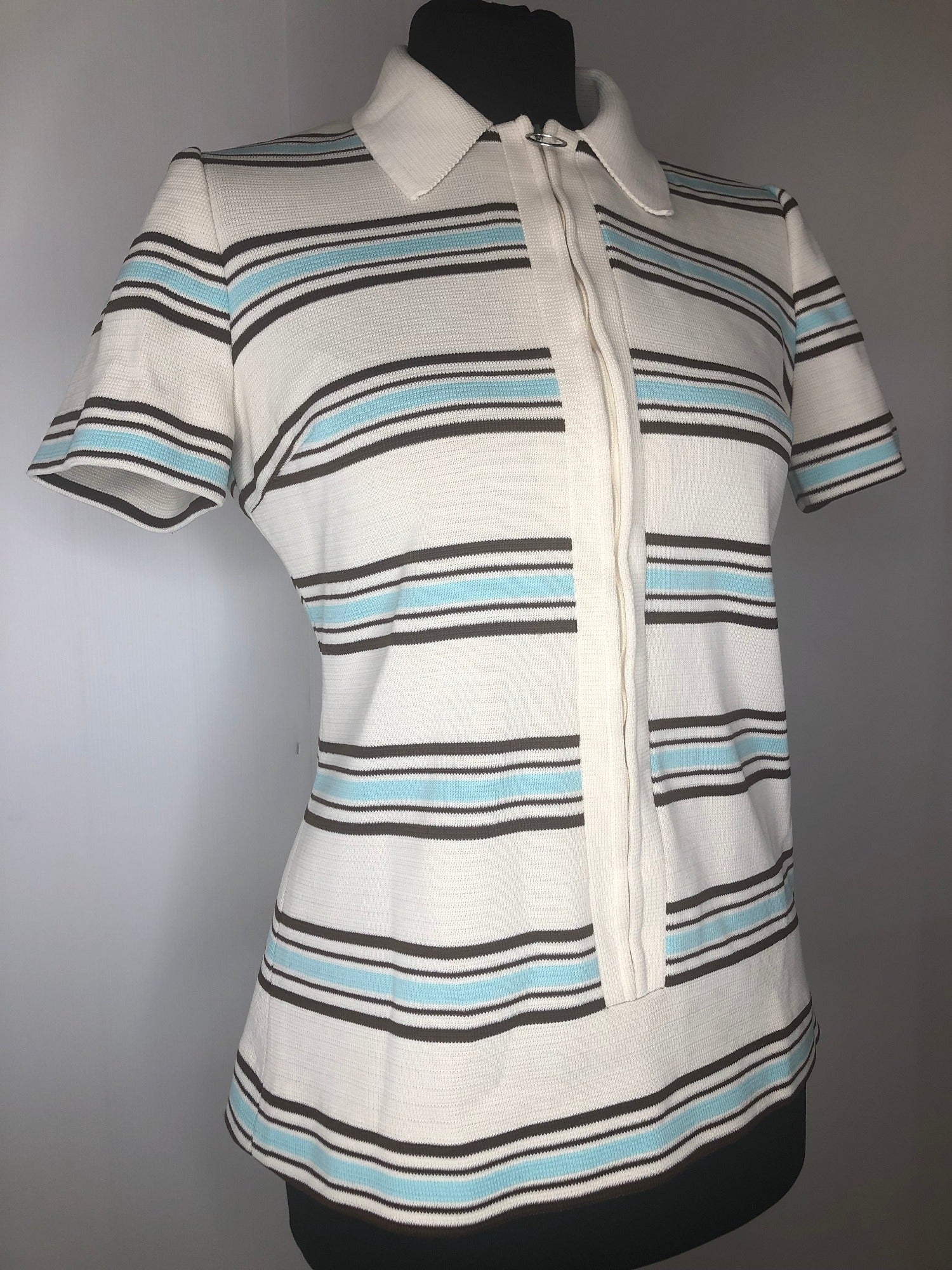 womens shirt  womens  white  vintage  Urban Village Vintage  urban village  summer blouse  stripes  Short sleeve  Shirt  multi  dagger collar  collared  collar  blouse  70s  1970s  12