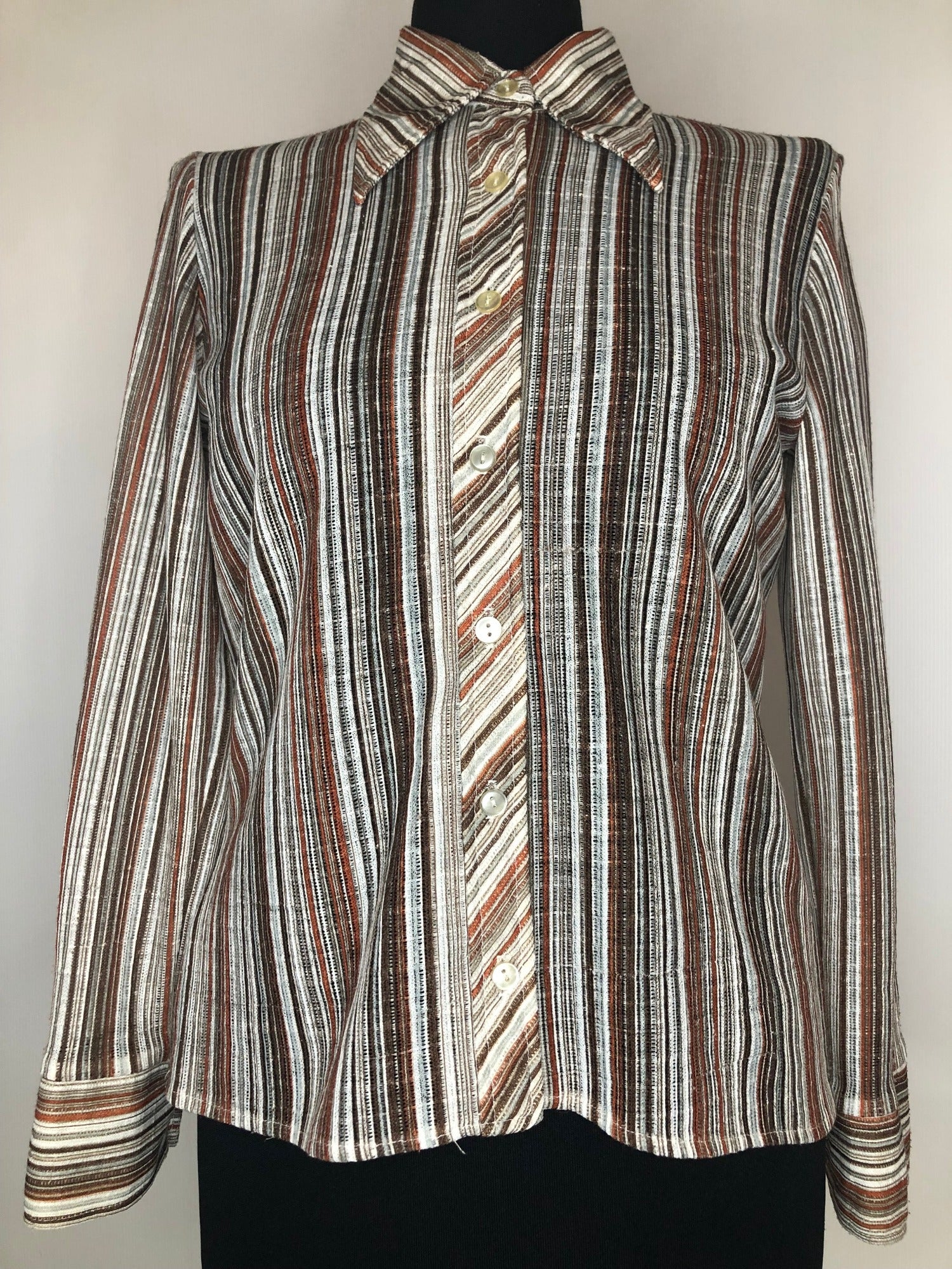 womens  vintage  top  Orange  multi  dagger collar  brown stripes  blouse  70s  1970s