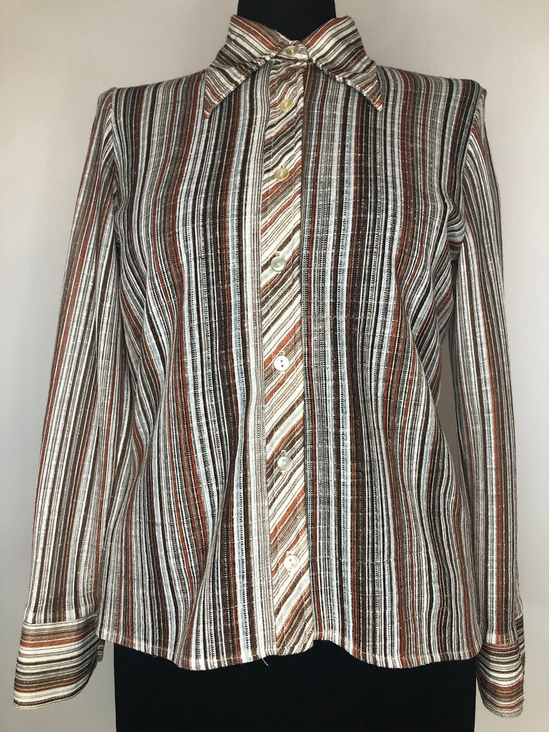 womens  vintage  top  Orange  multi  dagger collar  brown stripes  blouse  70s  1970s