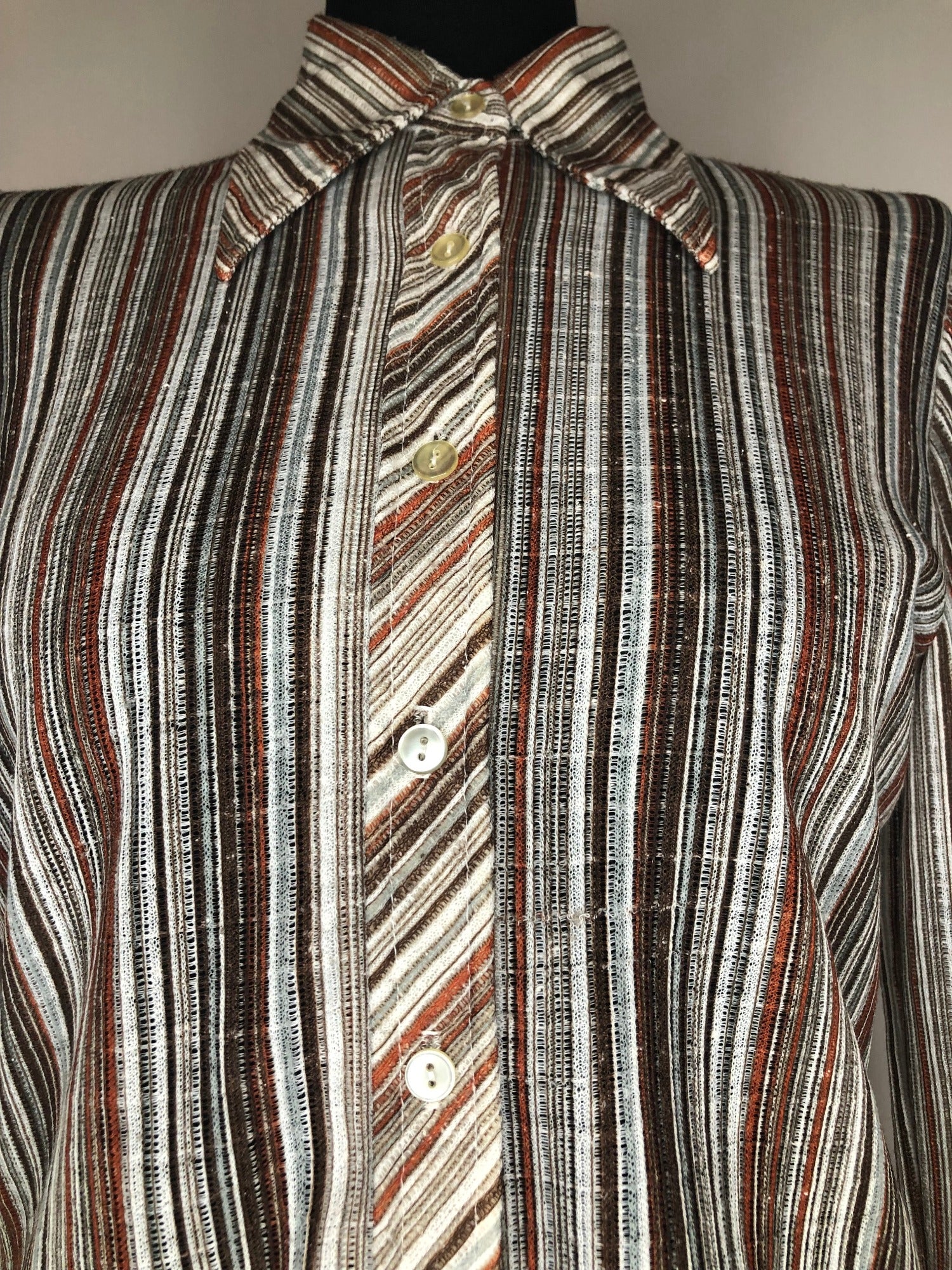 womens  vintage  top  Orange  multi  dagger collar  brown stripes  blouse  70s  1970s